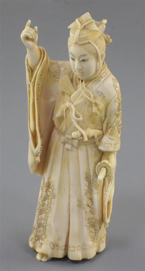 A Japanese ivory figure of a courtier, Meiji period, signed Masatoshi, 16.5cm